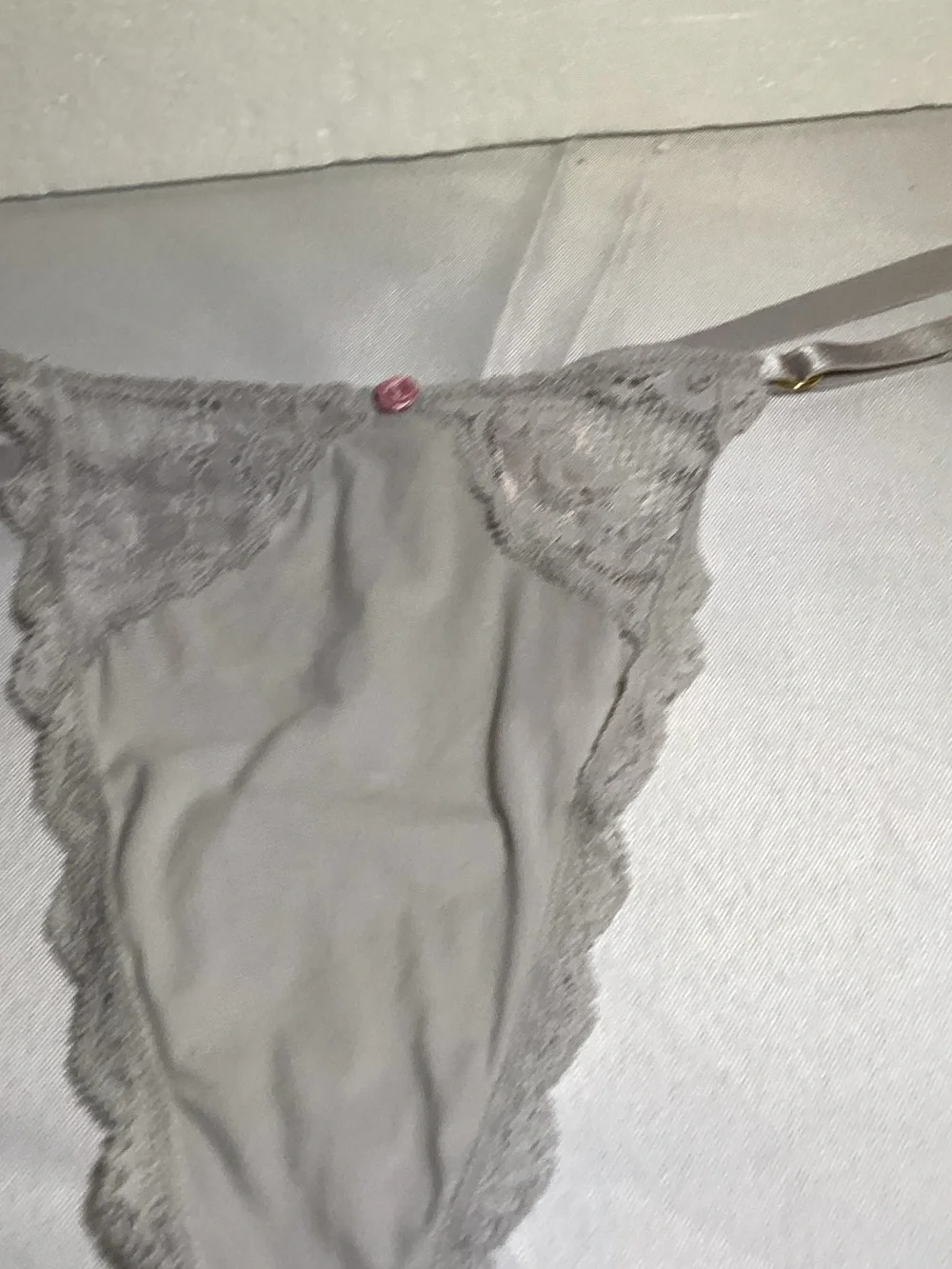 Victoria's Secret Lace-Trim Thong Panty - Light Gray with Pink Accent